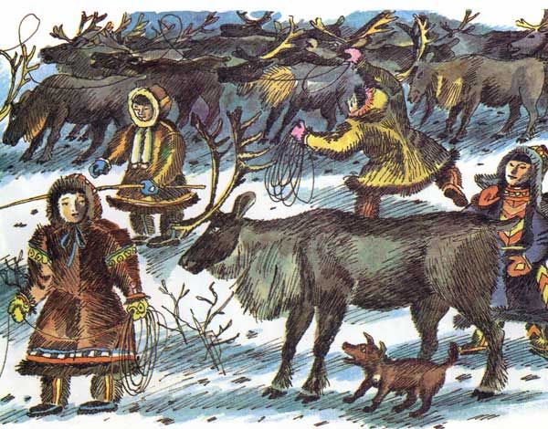 На собаках мчатся в санках