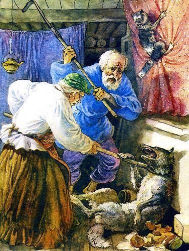 Старик схватил кочергу, старуха ухват - и давай бить волка