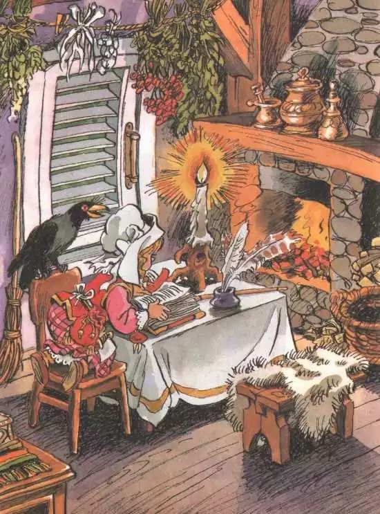 Баба-Яга на кухне перелистывает страницы в колдовской книге